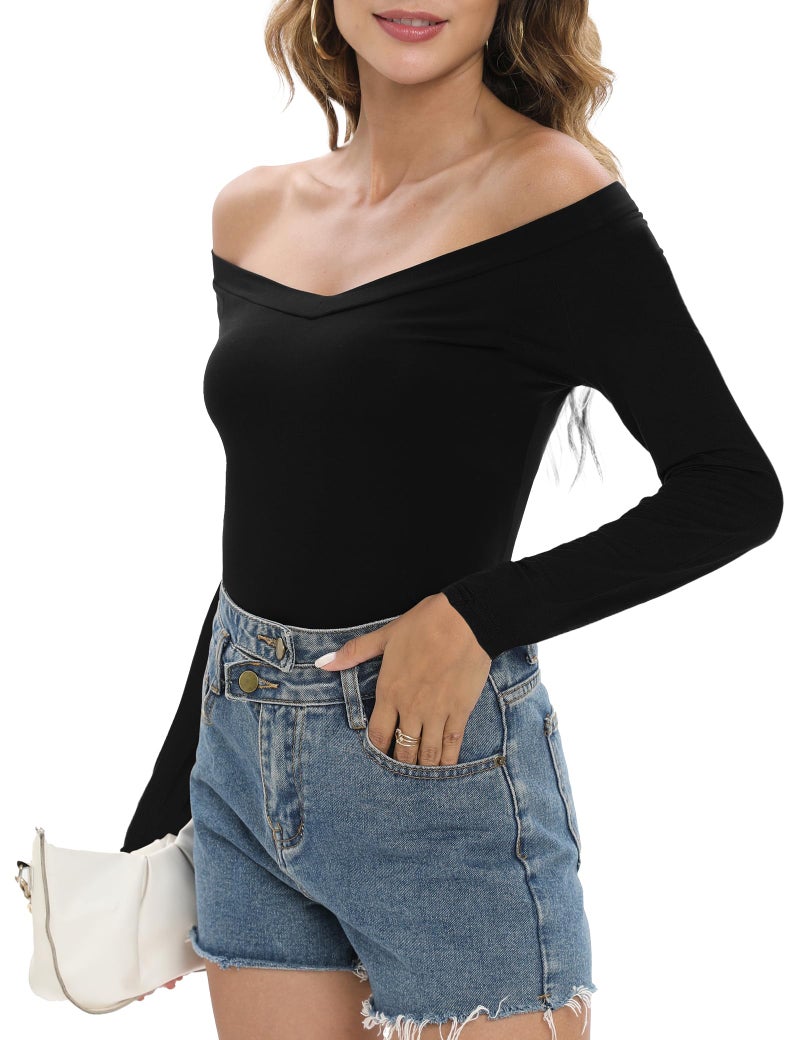 Sarin Mathews Womens Off The Shoulder Long Sleeve Tops Slim Fit Blouse Shirts Black XS - Image 2